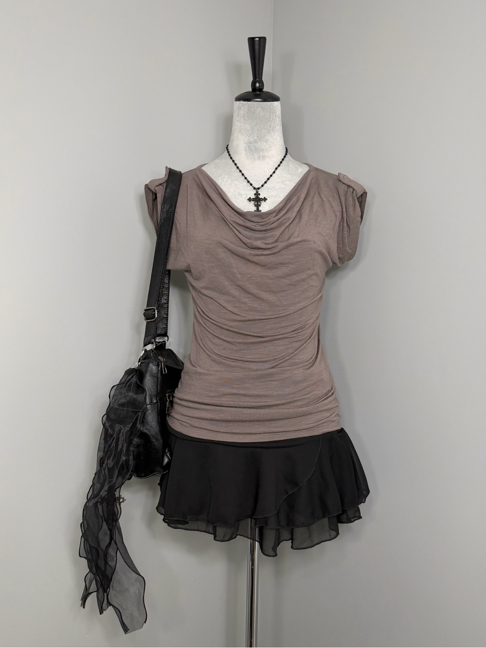 Avant Garde Royal Robbins Brown Cowl Neck Buttoned Cap Sleeve Top Size S
